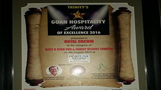  Royal Orchid Beach Resort, Goa was awarded for “ Best 5 star Fun & Fly Resort and the “ Best Food & Bev. Manager in 5 star category (South) - Mr. Sujit Kushwaha” by the Goan Hospitality award of Excellence 2016