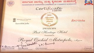  Royal Orchid Metropole, Mysore has been Awarded “The Best in Heritage Hotel” Category Tourism Awards 2016 by Federation of Karnataka Chambers of Commerce & Industry (FKCCI), Bengaluru Karnataka